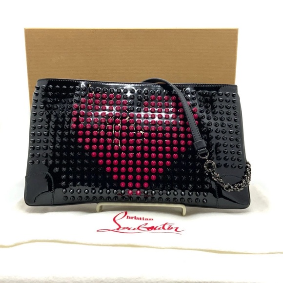 CHRISTIAN LOUBOUTIN Valentine Spike Studs Clutch Bag Black/Fuchsia box/dust bag